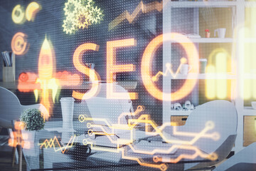 Poster - Double exposure of SEO drawing and office interior background. Concept of Search optimization engine.