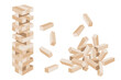 Jenga game. Wooden cubes block puzzle. Brick element tower and collapsed pile. Sketch vector 3d illustration