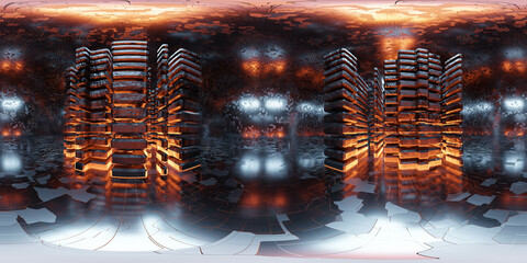 Poster - 360 degree full panorama environment map of abstract dark futuristic tower building interior with glowing red light 3d render illustration hdri hdr vr virtual reality content