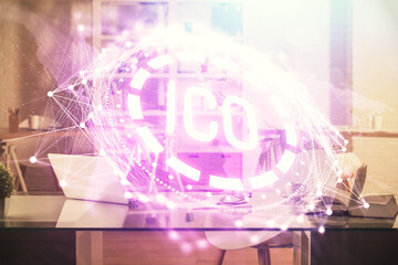 Aufkleber - Double exposure of crypto technology theme drawing and office interior background. Concept of blockchain.