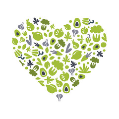 Sticker - Organic Farm Food Heart Arrangement with Hand Drawn Green Eco Crop Vector Template