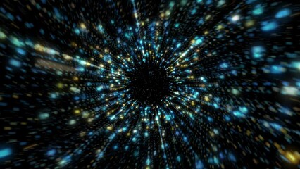 Outer space glowing stars background. Flying through a blue and gold galaxy of stars and particles at hyperspace warp speed. Looping, HD motion background animation.