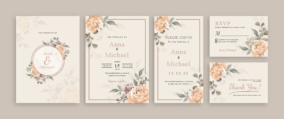 Poster - Set of card with peach flower rose and leaves. Wedding ornament concept. Floral poster invitation. Vector decorative greeting card or invitation design background.