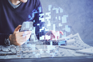 Aufkleber - Multi exposure of man's hand holding and using a digital device and data theme drawing. Innovation concept.
