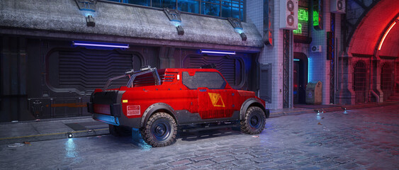 Aufkleber - Red cyberpunk truck parked in a dark seedy futuristic city street at night. 3D illustration.