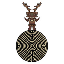 Fantastic Character Standing On A Round Spiral Maze Or Labyrinth Symbol. Horned Man With Snake Antlers. Native American Art Of Ancient Peru. Chancay Sican Culture. Creative Concept.