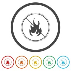 Sticker - Camp Fire Burn Flame Ban Silhouette Icon. Set icons in color circle buttons