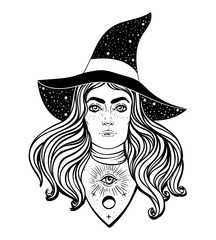 Sticker - Young beautiful witch. Mystic character. Alchemy, spirituality, occultism, tattoo art. Isolated black and white vector illustration. Halloween concept. Wiccan woman.