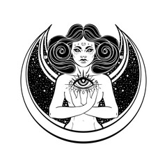 Wall Mural - Young beautiful witch. Mystic character. Alchemy, spirituality, occultism, tattoo art. Isolated black and white vector illustration. Halloween concept. Wiccan woman.