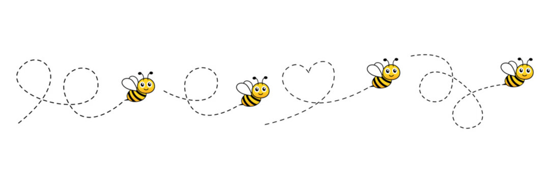 cartoon bee characters set. bee flying on a dotted route. vector illustration isolated on the white 