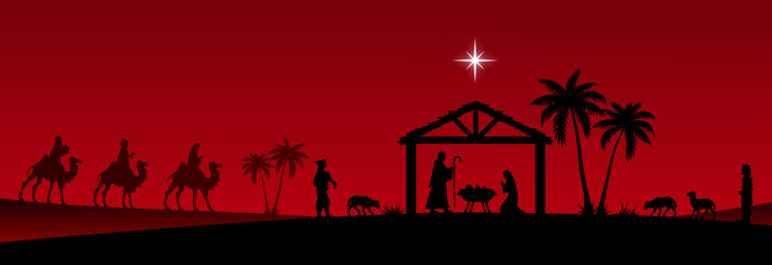 Wall Mural - Red Christmas Nativity scene banner background. Vector illustration.