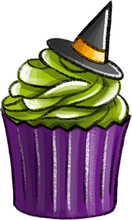 Halloween Cupcake With Hat Of Witch And Green Cream