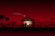 Red Christmas Nativity scene in the desert greeting card background. Vector EPS10.