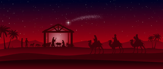 Wall Mural - Blue and red Christmas Nativity scene in the desert greeting card background. Vector EPS10.