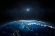 Panoramic View Of The Earth And Star. Sunrise Over Planet Earth, View From Space. Elements Of This Image Furnished By NASA