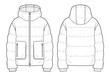 © Любовь Гладкая - Unisex Hooded Zip-up Puffer Jacket technical fashion Illustration. Cropped Down Jacket technical drawing template, long sleeve, pocket, front and back view, white, women, men, unisex CAD mockup.