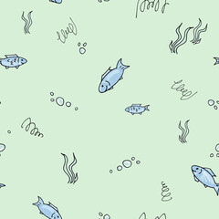 Hand drawn blue fishes - seamless pattern with marine style on light green