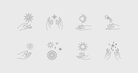 Wall Mural - Aesthetic astral hands. Collection of cosmic and celestial elements with sun, moon and stars. Isolated editable linear vectors.