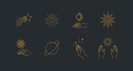 Wall Mural - Aesthetic astral hands. Collection of cosmic and celestial elements with sun, moon and stars. Isolated editable linear vectors.