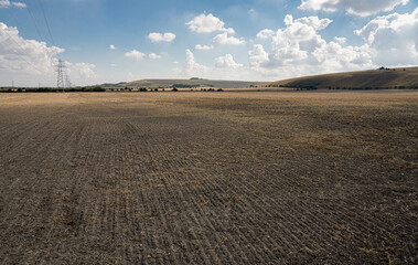 Wall Mural - open field with recently rotovated brown soil, distant hills and a chalk white horse, blue summer sky with scattered white cloud 