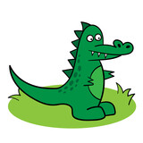 Fototapeta Dinusie - Cartoon green crocodile on green grass. Drawing on a white background. Simple children style