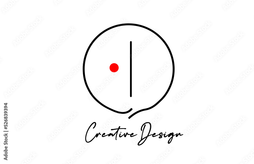 black and white I alphabet letter logo icon design with line red dot ...