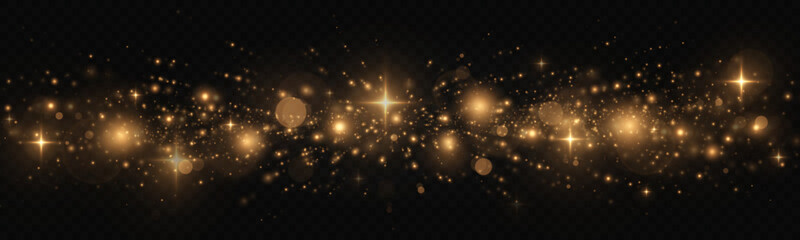 Wall Mural - The dust sparks and golden stars shine with special light. Glitter bokeh lights isolated on a transparent background. Sparkling space magical dust particles.