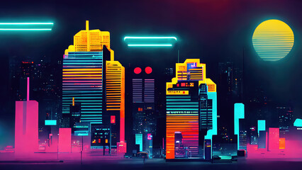 Wall Mural - futuristic buildings in neon city light at night as pixel art