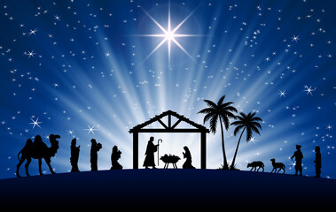 Wall Mural - Blue Christmas Nativity scene greeting card background.