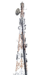 modern mobile, radio and telecommunication antenna tower isolated on white during 5g internet develo