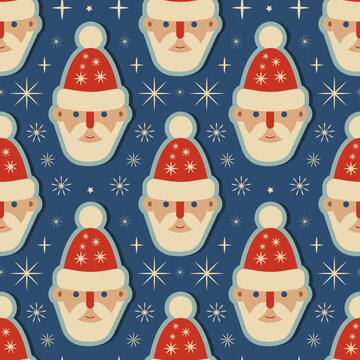 Retro Groove retro Christmas pattern with Santa Claus heads. Groove Christmas pattern. Vector illustration