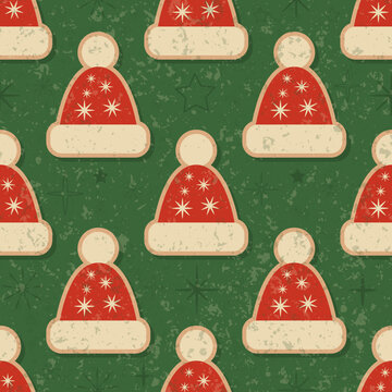 Retro vintage Christmas pattern with Santa hats. Vector illustration