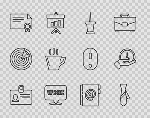 Wall Mural - Set line Identification badge, Tie, Push pin, Location with text work, Certificate template, Coffee cup, Address book and Clock icon. Vector