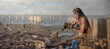 Marine plastic pollution and conservation concept. An exhausted and injured mermaid, stained with fuel oil, suffers from dirt and debris and eats dirty fish. Wide panoramic banner with copy space.

