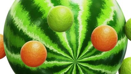 Wall Mural - Realistic satisfying looping 3D animation of the beautiful watermelon texture sphere with orbital rolling small orange and lime peel spheres as satellites rendered in UHD