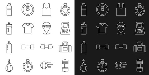 Canvas Print - Set line Dumbbell, Sport bag, Weight, Sleeveless T-shirt, Fitness shaker, and Location gym icon. Vector