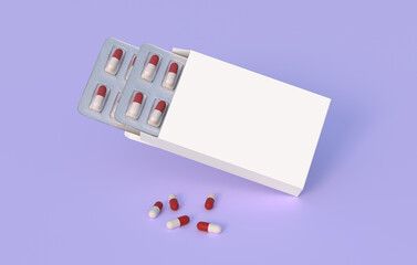 Close up of package with two blisters with medicines red-white pills. Mockup template. 3d rendering