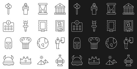 Sticker - Set line Ancient amphorae, Museum guide, Portrait in museum, Old hourglass with sand, Torch flame, Information, Stone age hammer and Picture icon. Vector