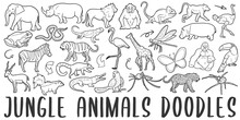 Jungle Animals Banner Doodle Icons. Hand Made Line Art. Zoo Clipart Logotype Symbol Design.