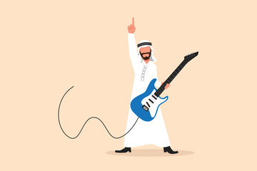 Sticker - Business flat cartoon style drawing Arab male musician plays electric guitar. Man practicing in playing guitar. Guitarist perform playing music instrument on stage. Graphic design vector illustration