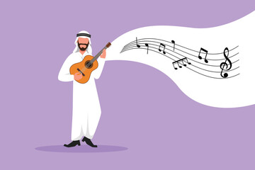 Sticker - Business design drawing Arabian guy playing on ukulele and singing having fun. Male musician holding small guitar and singing. Man play on musical instrument. Flat cartoon style vector illustration