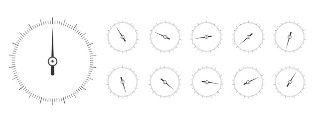 Set of round measuring scales with arrows in different positions. 360 degree templates of barometer, compass, circular ruler tool isolated on white background. Vector graphic illustration