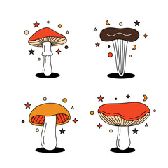 Set of magic mushroom. Different colored mushroom symbols. Psychedelic mushrooms sketch. Mushrooms in hippie 70s retro style. Vector illustration