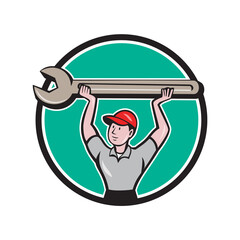 Sticker - Mechanic Lifting Giant Wrench Circle Cartoon