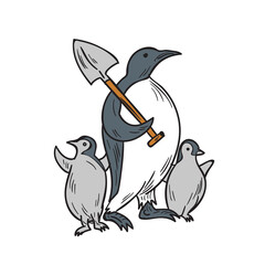 Canvas Print - Penguin Holding Shovel With Chicks Drawing