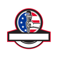 Wall Mural - Plumber Hand Holding Pipe Wrench Flag Circle Banner Retro