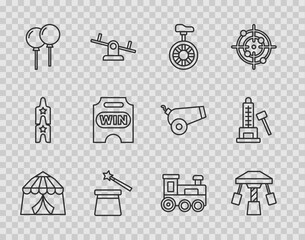 Poster - Set line Circus tent, Attraction carousel, Unicycle or one wheel bicycle, Magic hat and wand, Balloons with ribbon, ticket, Toy train and Striker attraction hammer icon. Vector