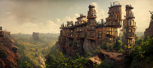 Steampunk And Forestpunk Cliff Dwellings Digital Art Illustration Painting Hyper Realistic