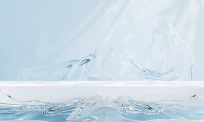 Wall Mural - podium with water splash swirl for product presentation. Natural beauty pedestal, relaxation and health, 3d illustration