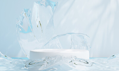 Wall Mural - podium with water splash swirl for product presentation. Natural beauty pedestal, relaxation and health, 3d illustration
